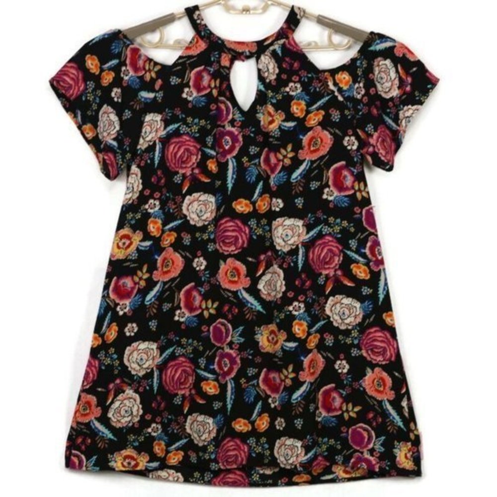 As U‎ Wish Cold Shoulder Dress Black Pink Floral Keyhole L Large